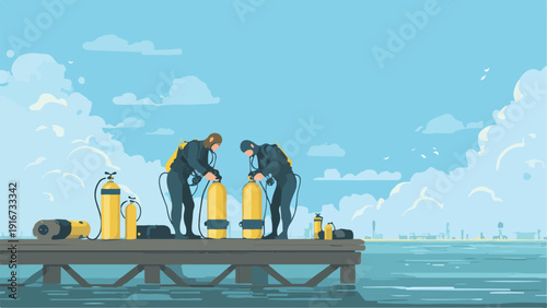 Two divers prepare gear on a pier beside yellow oxygen tanks, with a distant shoreline under clouds