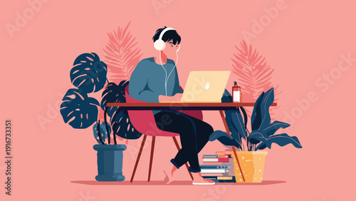 Person wearing headphones works on a laptop at a desk with plants and books