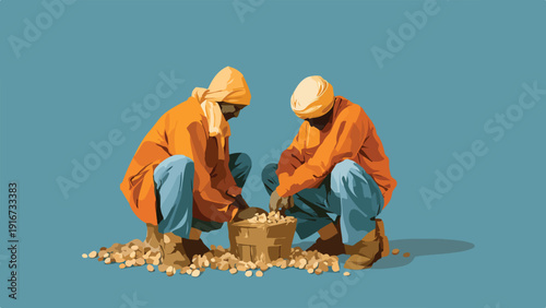 Two people in orange clothing squatting, working with produce on a blue background
