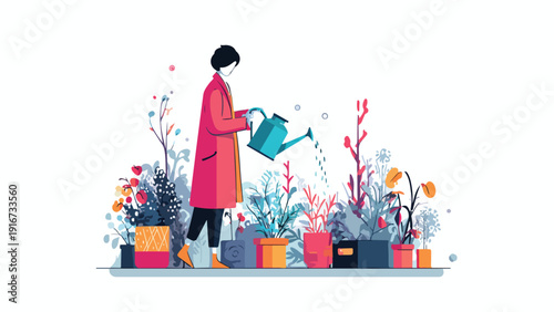 Person in a long coat watering potted plants with a blue watering can