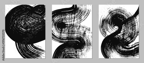 Set of artistic creative universal cards. Hand drawn textures with brush strokes. Design for poster, card, invitation, placard, brochure, flyer. Black and white.