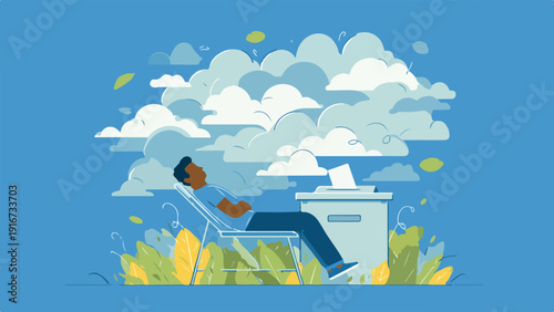 Person relaxing in chair near ballot box under cloudy sky, leaves float