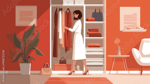 Woman in a white dress choosing clothes from a well-organized closet