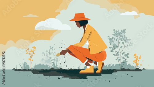 Person in orange hat and jacket crouches in a garden planting seeds under a soft cloudy sky