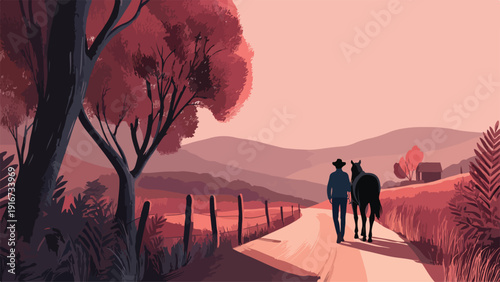 A solitary cowboy walks with his horse along a rural road at sunset