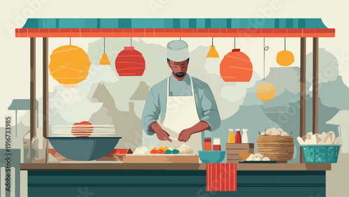 A chef prepares food at an outdoor stall with hanging lanterns
