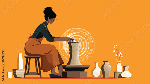 Artist shapes clay on pottery wheel with finished vases and plants nearby on an orange background