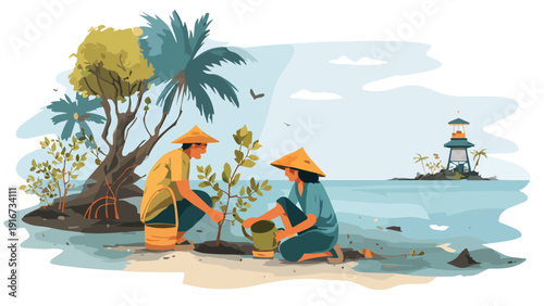 Two people in conical hats plant trees near the ocean, with a lighthouse on a distant island