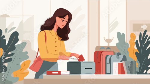 Woman with long dark hair in a yellow shirt paying with a card at a counter with bags