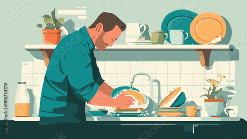 Man washing dishes at kitchen sink, with plants and bottles