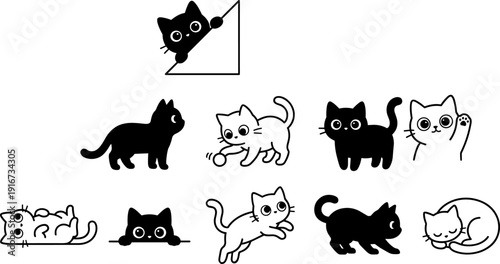 Cute cat cartoon set, black kitten collection, funny kitty poses, pet illustration, kawaii animal, mascot design, vector clipart bundle