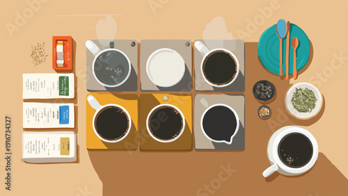 Overhead view of coffee cups, samples, and serving utensils arranged on a table