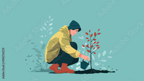 Person in yellow jacket crouches to water a small red-leaved sapling amidst abstract foliage