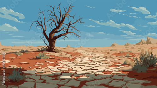 A stark, bare tree stands sentinel in a cracked earth desert under a vast, cloudy sky