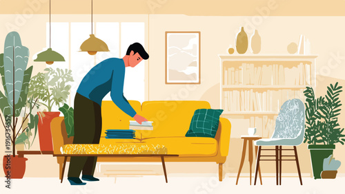 A person tidying books on a vibrant yellow sofa in a cozy, plant-filled room