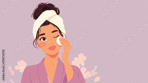 Young woman with a towel on her head applying cream to her face with a cotton pad