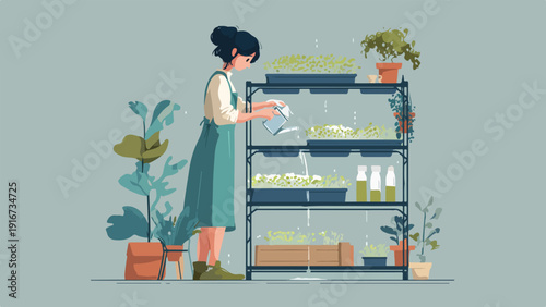 A person waters seedlings on a multi-level shelf, surrounded by potted plants