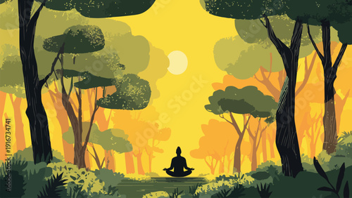 Silhouette of person meditating in a lush forest during a golden sunrise or sunset