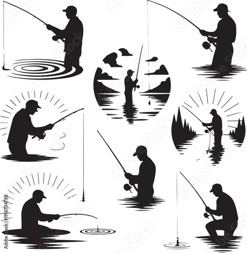 collection of silhouette men fishing in various positions and landscapes