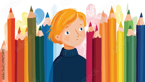 A child with blonde hair surrounded by colorful pencils and abstract floral shapes