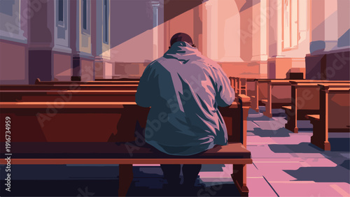 Person in hooded jacket sits alone on pew in a sunlit church nave