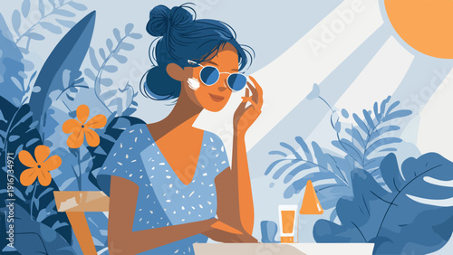 Woman in sunglasses with sunscreen applying lotion while enjoying sunlit foliage