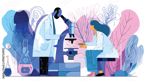 Scientists in lab coats examining samples under a microscope amidst colorful foliage