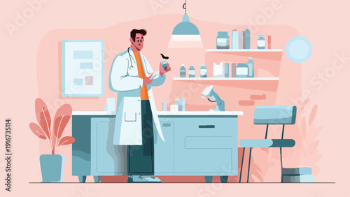 Doctor in a lab coat holds a vial and looks at it in a room with shelves and a microscope