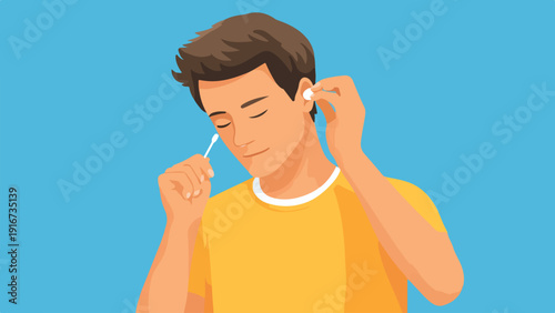 Man cleaning ear with cotton swab and wearing earbuds
