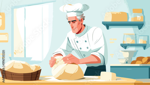 Baker kneads dough in a bright kitchen, with loaves of bread and baking supplies visible