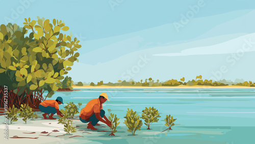 Two individuals plant saplings by a tranquil body of water under a clear sky