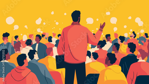 A speaker addresses a crowd of diverse people with speech bubbles above their heads