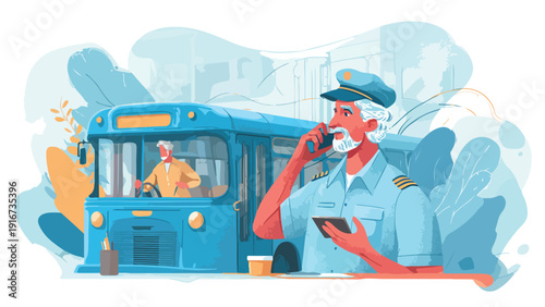 A bus driver in uniform speaks on his phone while his co-driver operates the bus