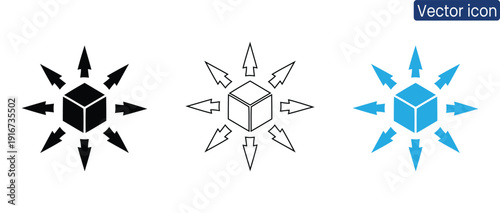 Versatile vector icons showing a cube with arrows pointing outward in black, white, and blue, ideal for business and tech presentations