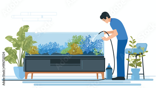 A person waters an aquarium with colorful coral, surrounded by houseplants