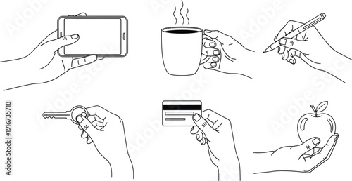 Holding Essentials: A simple outline illustration capturing different hands holding various everyday essentials, from a mobile phone to a cup of coffee.