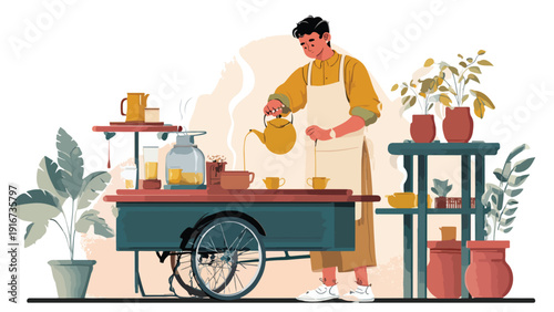 A person pours tea from a yellow teapot into small cups from a mobile cart