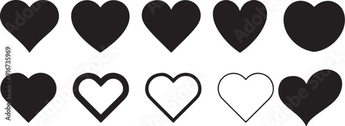 Collection of hearts with varying outlines and fill styles arranged in two horizontal rows Vector