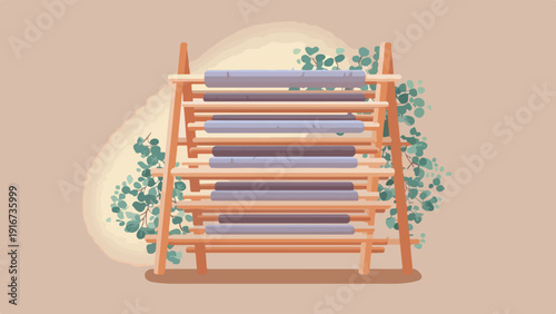 A wooden rack with multiple shelves holds folded towels, adorned with eucalyptus leaves