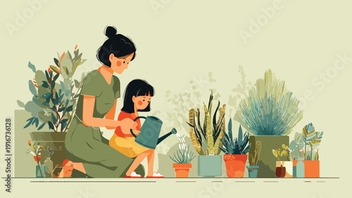 Woman and child watering potted plants on a shelf