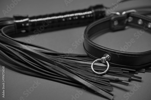 fetish toys for BDSM adventures: leather collar with o ring and a whip -black and white picture