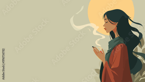 Serene woman exhales, her hands cupped, with soft sunlight and swirling mist