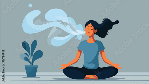 Person meditating, breathing deeply, with flowing vapor and a plant