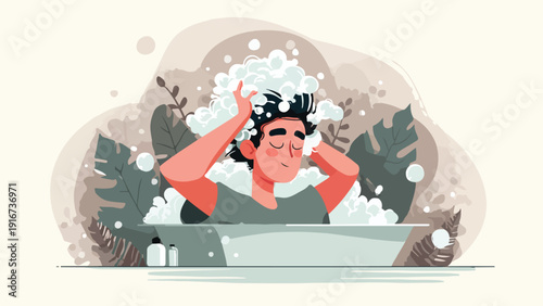 A person is enjoying washing their hair with a lot of foam in a bathtub surrounded by plants