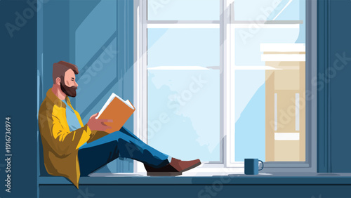 Man with beard in yellow jacket reads book by window, cup nearby