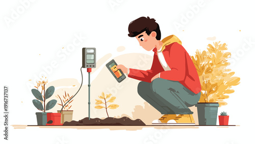 A person uses a device to monitor plants, holding a phone with data
