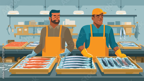 Two fishmongers in orange aprons arrange fresh fish in wooden crates on a counter