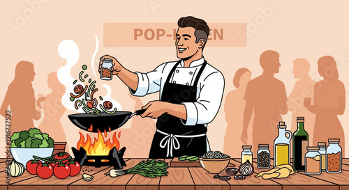 Professional Chef Grilling Food at Pop-Up Kitchen
