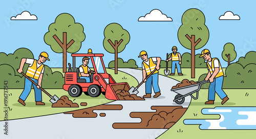 Construction Crew Repairing Path and Roadway