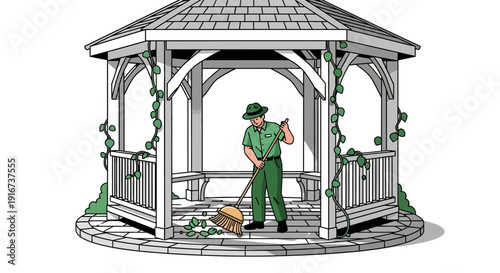 Gardener Sweeping Courtyard Gazebo